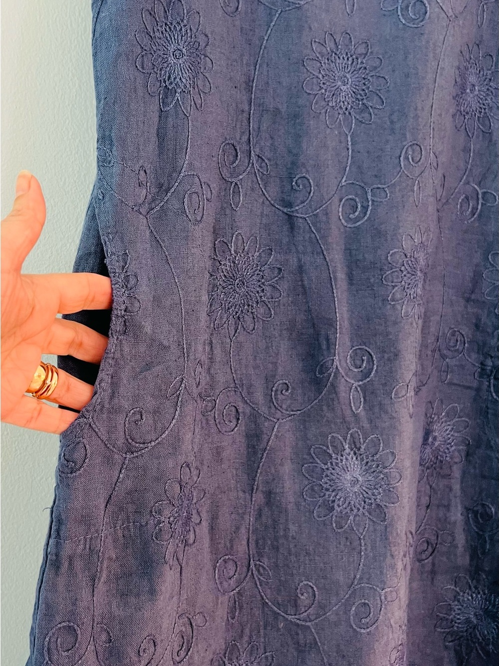 Femme Fatale Italy Embroidered A-Line Midi Skirt in Slate Blue 100% Linen size M - Picture 5 of 11